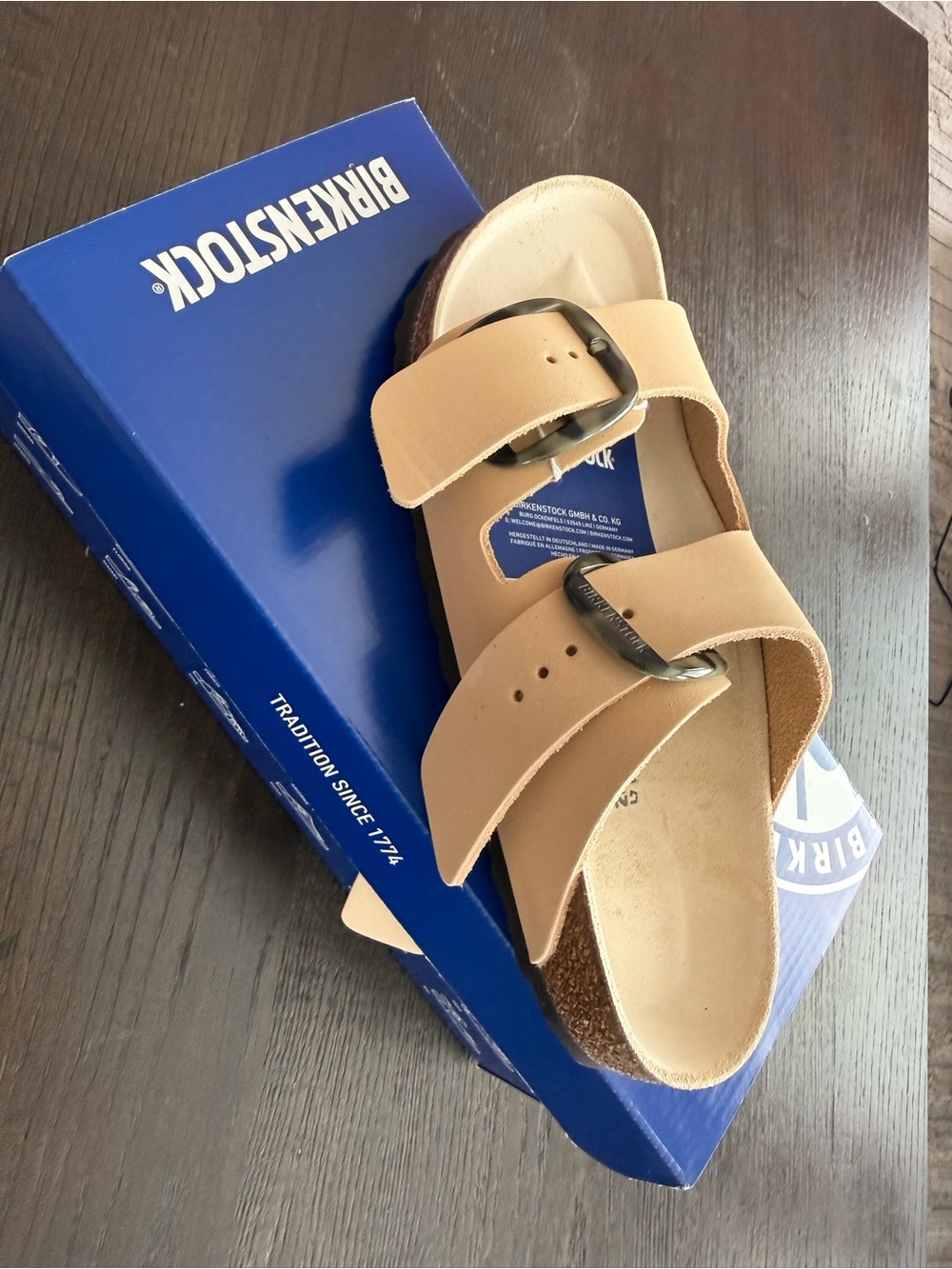 Birkenstock Tan Arizona Two-Strap Sandals with Gunmetal Buckles